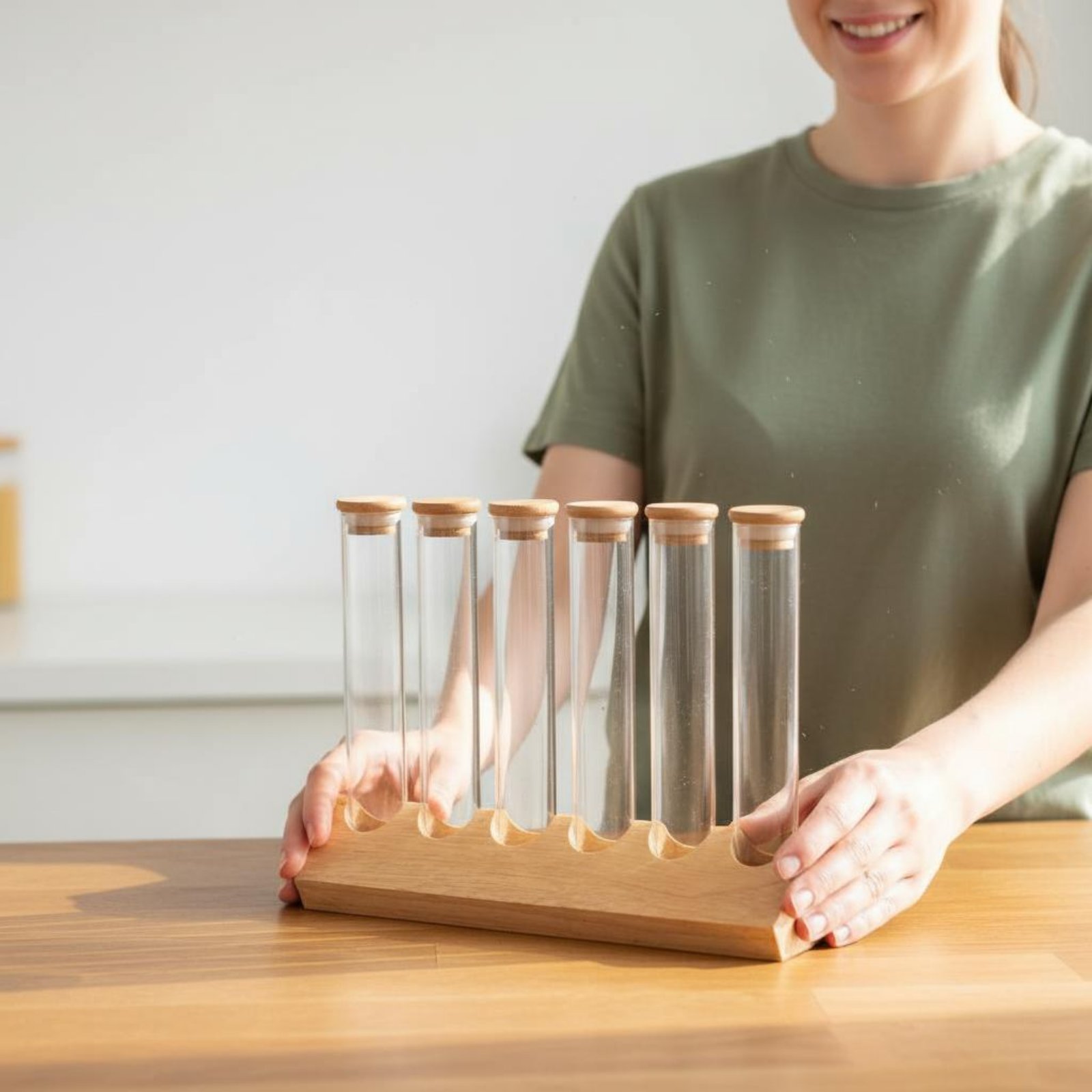 Centrifuge Tube Rack - ガラス管容器セット 木製スタンド付き 省スペース ガラス管木製ラックセット コーヒー豆ディスプレイスタンド 密閉保存