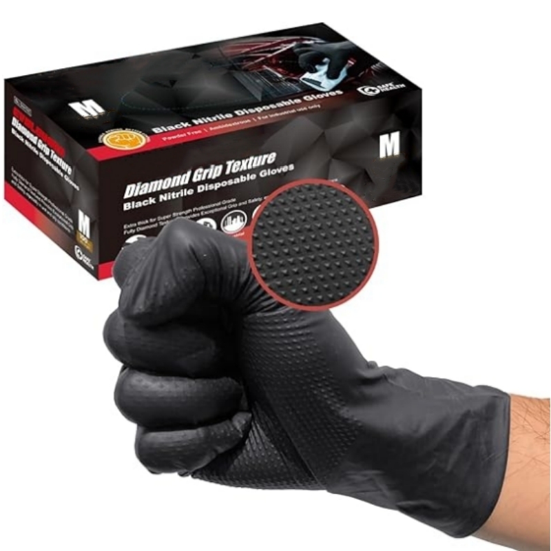 Disposable Gloves Nitrile - 8ミルヘビーデューティーブラックニトリルグローブ使い捨てダイヤモンドテクスチャ安全作業用手袋工業用メカニックオートガーデニンググローブ