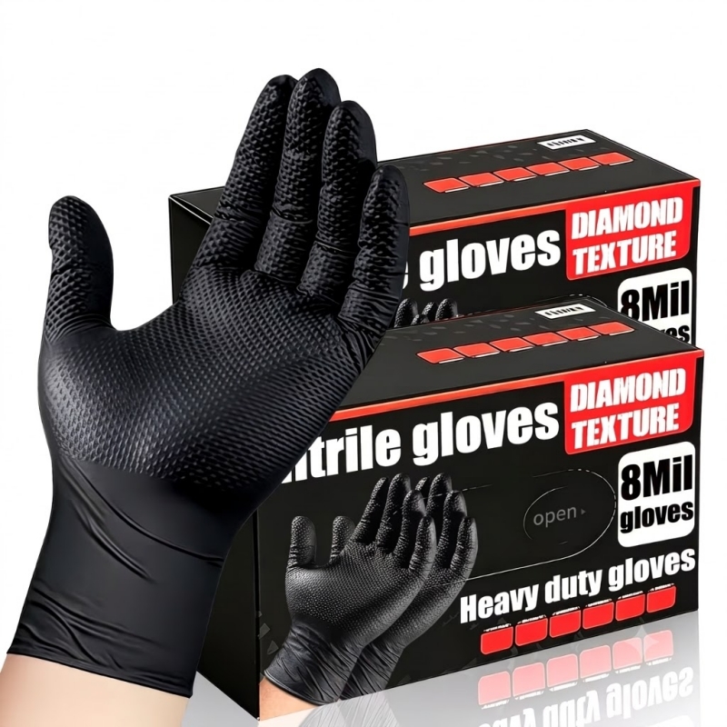 Disposable Gloves Nitrile - ヘビーデューティーブラック工業用ニトリル手袋使い捨て8ミルダイヤモンドテクスチャ超厚手安全作業用手袋男性用メカニックオート用