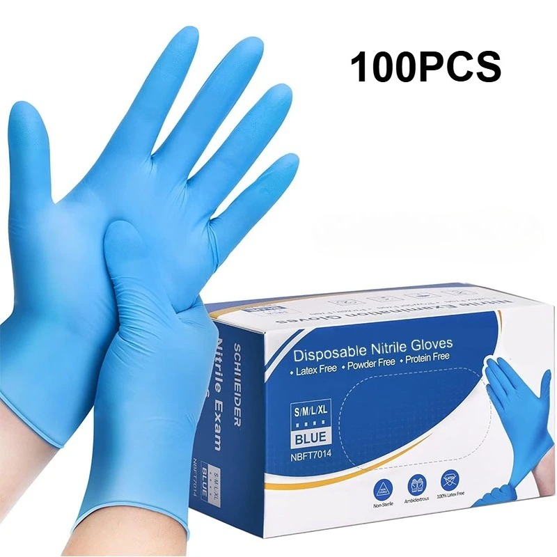 Disposable Gloves Nitrile - 100 個ブルーニトリル使い捨て手袋ラテックスフリー安全作業手袋クリーニングキッチンメカニック自動車保護手袋