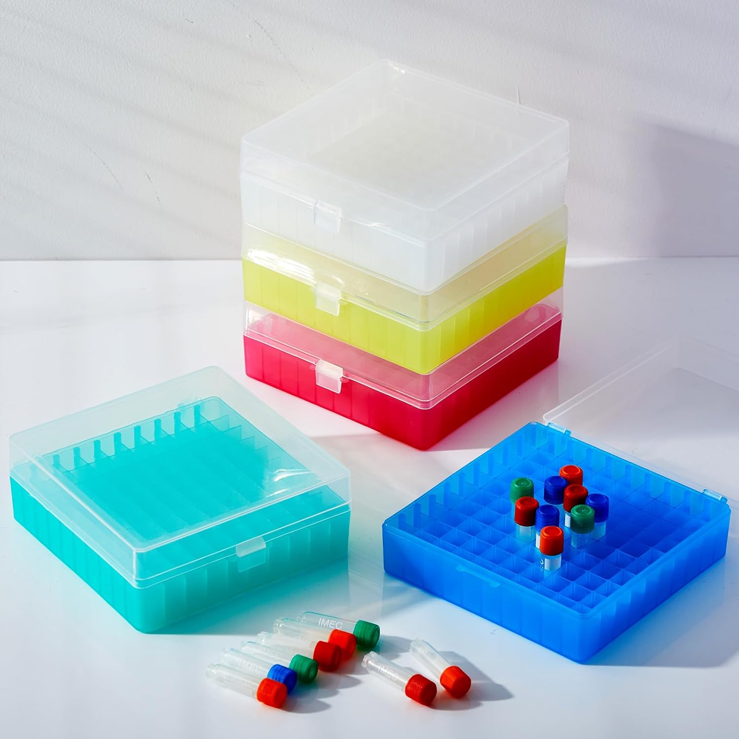 Centrifuge Tube Rack - 100穴遠心管クライオ保存ボックス、スナップクラスプ付き冷凍庫ボックス、遠心管ホルダーラック、ラボバイアル保管用