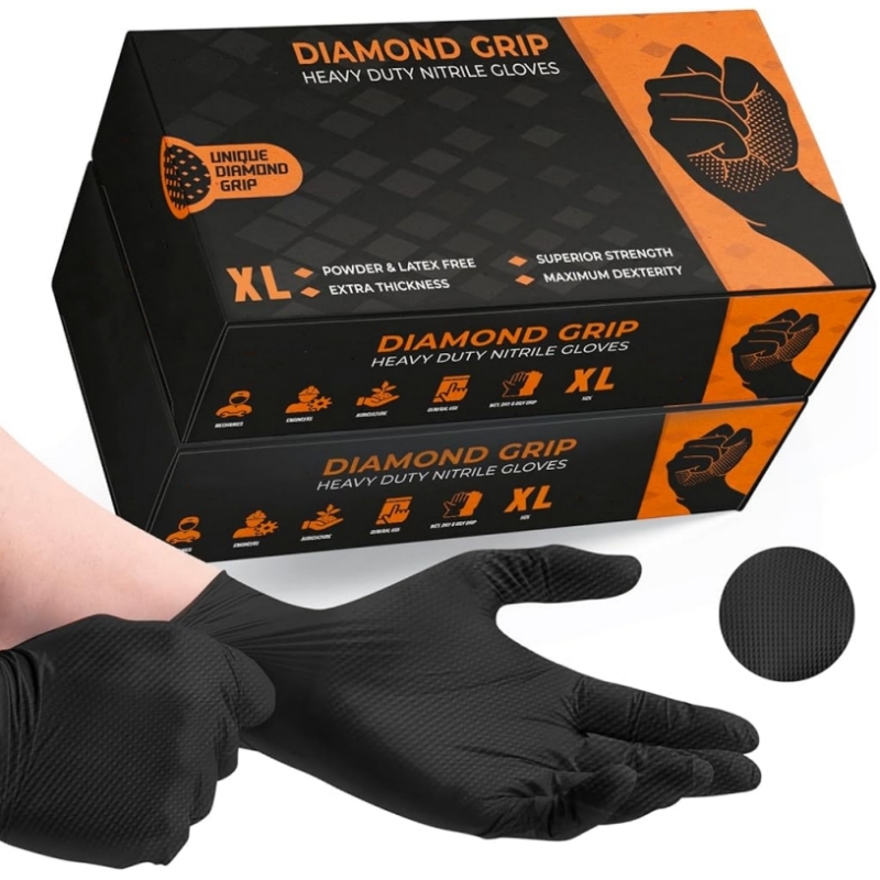 Disposable Gloves Nitrile - ブラックヘビーデューティーニトリル使い捨て手袋工業用8ミルダイヤモンドテクスチャード保護手袋メカニック自動車安全手袋用