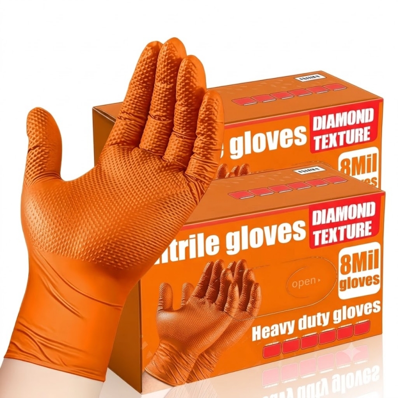Disposable Gloves Nitrile - ヘビーデューティーオレンジニトリルグローブ 8ミル 産業用使い捨てグローブ ダイヤモンドテクスチャグリップ付き メカニック安全＆作業用手袋